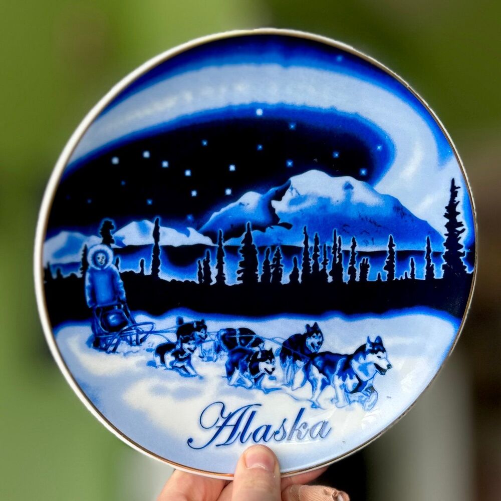 Vibrant Blue Alaska Still Life Snow Dogs Scenery Mountains Whimsy Sky Wall Plate